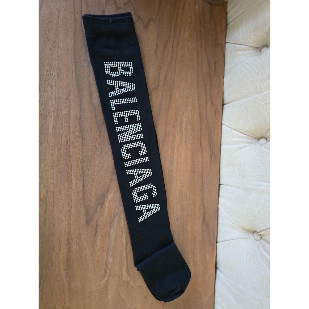 Balenciaga Rhinestone Logo Black Over The Knee Socks New